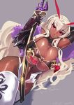  ario artist_name blonde_hair breast_rings breasts curvy dark_skin dated elbow_gloves gloves huge_breasts itou_ittousai_(sengoku_bushouki_muramasa) long_hair lying navel on_side pink_eyes sengoku_bushouki_muramasa shiny shiny_skin sketch solo sweat sword thighhighs weapon wide_hips 