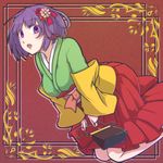  bag breasts brown_background flower frame hair_flower hair_ornament handbag hieda_no_akyuu japanese_clothes kimono kimono_skirt large_breasts looking_at_viewer obi open_mouth pleated_skirt purple_eyes purple_hair sash short_hair skirt solo touhou usui_ryuusan 