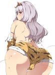  animal_print ass ass_focus bad_id bad_pixiv_id blush breasts cameltoe from_behind fur_trim hairband highres idolmaster idolmaster_(classic) long_hair looking_at_viewer looking_back mamemaki medium_breasts moisture_(chichi) oni_horns open_mouth purple_eyes setsubun shijou_takane sideboob silver_hair solo tiger_print topless white_background 