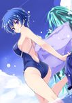  ass bare_shoulders blue_eyes blue_hair blue_sky breasts competition_school_swimsuit day from_below grin kamishiro_sui large_breasts leg_up mutou_kurihito one-piece_swimsuit school_swimsuit short_hair sideboob sky smile solo swimsuit tokyo_7th_sisters undressing wading 