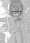  1boy 1girl absurdres after_fellatio after_sex after_vaginal ayane_(blue_archive) blue_archive breasts cum cum_in_mouth female_pubic_hair greyscale hageashi highres hotel_room love_hotel medium_breasts monochrome pointy_ears pubic_hair red-framed_eyewear short_hair sitting spot_color wariza 