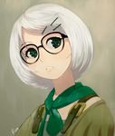  artist_name bob_cut glasses green_eyes grey_background hair_ornament hairclip highres necktie okitegami_kyouko okitegami_kyouko_no_bibouroku parted_lips rota_(bitmap1022) signature silver_hair simple_background solo 