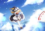  absurdres blonde_hair bow braid broom cloud day fingerless_gloves gloves hakurei_reimu hat hat_bow highres kirisame_marisa long_hair multiple_girls open_mouth out_of_frame scarf sky snowing tendo_(zhazhatiantong) touhou white_bow white_legwear witch_hat yellow_eyes 