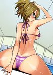  ass bikini blue_eyes breasts brown_hair from_behind gundam gundam_build_fighters gundam_build_fighters_try highres hoshino_fumina large_breasts looking_back nac000 poolside shiny shiny_skin sideboob skindentation swimsuit thick_thighs thighs tsurime 