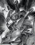  battle commentary_request greyscale gundam gundam_mk_ii highres hizack mecha mecha_focus mobile_suit monochrome no_humans outstretched_arm robot science_fiction shoulder_spikes spikes v-fin youkoumori zeta_gundam 