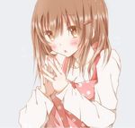  bad_id bad_pixiv_id blush brown_eyes brown_hair check_commentary commentary_request dress fingers_together hair_ornament hairclip hiro_(hirohiro31) jewelry long_sleeves looking_at_viewer open_mouth original pink_dress polka_dot polka_dot_dress ring shirt solo steepled_fingers upper_body 