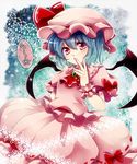  ascot bat_wings blue_hair bow brooch haruki_(colorful_macaron) hat hat_ribbon jewelry looking_at_viewer mob_cap open_mouth red_eyes remilia_scarlet ribbon short_hair skirt skirt_set solo touhou translation_request uu~ wings wrist_cuffs 