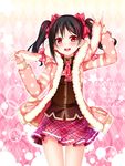  \m/ animal_hood black_hair bow bunny_hood character_name copyright_name cravat double_\m/ fur_coat grandia_bing hair_ribbon holding_ears hood hood_down hooded_jacket jacket love_live! love_live!_school_idol_project red_eyes ribbon skirt solo twintails twitter_username yazawa_nico 