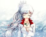  closed_eyes dress flower long_hair monty_oum_(creator) ponytail rwby scar scar_across_eye solo weiss_schnee white_hair zerg309 