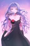  bare_shoulders black_dress black_gloves breasts brown_eyes cleavage dress flower gloves hairband idolmaster idolmaster_(classic) jewelry lavender_hair long_hair looking_at_viewer medium_breasts mimizubare necklace shijou_takane sky smile solo 