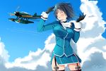  black_gloves black_hair black_legwear blue_sky breasts cloud day garter_straps gloves highres kantai_collection large_breasts long_sleeves red_eyes seaplane short_hair signature sky takao_(kantai_collection) tebi_(tbd11) thighhighs uniform 