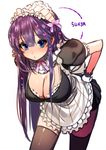  apron artist_name bad_id bad_pixiv_id bent_over black_legwear blue_eyes blush bow breasts cleavage gloves hairband heart large_breasts lolita_hairband long_hair maid open_mouth original pink_bow purple_hair simple_background solo sukja thighhighs waist_apron white_background white_gloves wrist_cuffs 