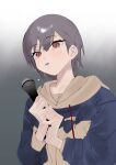  1girl absurdres bang_dream! bang_dream!_it's_mygo!!!!! blue_hoodie blush brown_hoodie commentary_request crying crying_with_eyes_open drawstring gradient_background grey_background grey_hair highres holding holding_microphone hood hoodie long_sleeves microphone open_mouth peke_(pekeiscat) red_eyes short_hair solo takamatsu_tomori tears two-tone_hoodie upper_body white_background 