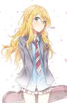  blonde_hair blue_eyes long_hair looking_at_viewer loose_necktie miyazono_kawori necktie petals shigatsu_wa_kimi_no_uso skirt solo violin_case yuran 