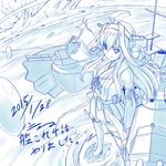  2015 blue boots dated detached_sleeves h-new kantai_collection kongou_(kantai_collection) long_hair monochrome skirt solo standing thigh_boots thighhighs translation_request 