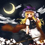  amalemon apron blonde_hair bow braid broom bush cloud crescent_moon gloves half-closed_eye hat hat_bow highres kirisame_marisa long_hair moon night night_sky orange_eyes scarf side_braid skirt sky smile solo star star_(sky) starry_moon starry_sky tongue tongue_out touhou vest witch_hat 