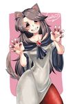  animal_ears brooch brown_hair check_commentary collarbone commentary_request contrapposto fingernails gao grin highres imaizumi_kagerou jewelry long_sleeves nail_polish red_eyes sharp_fingernails shirt skirt smile solo standing tail toa_(kitakaze_setsuna) touhou wide_sleeves wolf_ears wolf_tail 