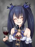  alcohol bare_shoulders black_hair blush breasts bridal_gauntlets closed_eyes cup detached_collar detached_sleeves drinking_glass fingerless_gloves gloves hair_ornament long_hair monorus neptune_(series) noire ribbon small_breasts smile solo twintails upper_body very_long_hair wine wine_glass 