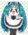  3: alternate_costume bad_id bad_pixiv_id black_legwear blue_eyes blue_hair blush breasts corset cowboy_shot embarrassed enmaided hair_ribbon horon5151 isuzu_(kantai_collection) kantai_collection large_breasts long_hair looking_at_viewer maid maid_headdress ribbon skirt_hold solo thighhighs twintails very_long_hair 