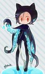  amiami animal_ears black_hair bodysuit capelet cat_ears fork humanization male_focus octocat red_eyes simple_background smile solo tentacles 