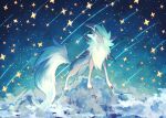  7_phi_3 all_fours blue_eyes body_fur brown_fur dog highres looking_up lycanroc lycanroc_(dusk) no_humans outdoors pokemon pokemon_(creature) solo star_(sky) star_(symbol) white_fur 