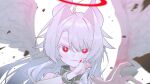  1girl absurdres ahoge ambiguous_red_liquid blush chain demon_horns fang feathered_wings fingernails grey_hair grey_horns halo highres horns kurobeko_(kur0bek0) long_fingernails long_hair looking_at_viewer open_mouth original portrait red_eyes red_halo sharp_fingernails simple_background skin_fang solo sparkling_eyes white_background white_wings wings 