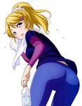  ass ayase_eli beverage blonde_hair blue_eyes drink hair_ornament hairpin hairpins happy highres long_hair love_live!_school_idol_project murota_yuuhei pants ponytail sweat towel 