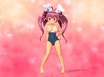  1girl 3d ahoge animal_ears animated animated_gif blush bouncing_breasts breasts collarbone dark_skin di_gi_charat glasses hair_ornament heart large_breasts myuranran nipples open_mouth petite pink purple_hair red_eyes ribbon seismic solo swimsuit tanline twintails usada_hikaru wide_hips 
