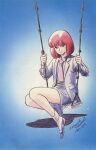  1980s_(style) 1985 1girl aged_down dated formal gaw_ha_leecee highres jacket juusenki_l-gaim kitazume_hiroyuki necktie official_art promotional_art red_hair retro_artstyle scan signature skirt swing traditional_media 