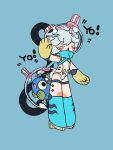  1boy animal blue_background blue_footwear blue_hair boots bulge closed_eyes colored_eyelashes deformed english_commentary english_text fishbowl_helmet full_body gloves hand_up helmet highres leotard male_focus narwhal open_mouth original otoko_no_ko shima_(wansyon144) short_hair simple_background solo standing 