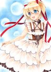  :d bad_id bad_pixiv_id bare_arms blonde_hair blue_eyes choker dress flower hair_ribbon highres kamikita_komari layered_dress little_busters! marker_(medium) open_mouth ribbon shie_(m417) short_hair smile solo traditional_media twintails 