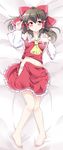  :o ascot bare_legs bare_shoulders barefoot bed_sheet blush bow brown_hair dakimakura detached_sleeves hair_bow hair_tubes hakurei_reimu haruki_(colorful_macaron) highres long_hair looking_at_viewer lying navel on_back open_clothes open_mouth open_skirt panties pigeon-toed red_eyes skirt solo touhou underwear unzipped white_panties wide_sleeves 