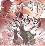  action attack black_hair black_wings bright_pupils cape clenched_hand close-up comic commentary_request ground_shatter hairband komeiji_satori long_hair long_sleeves mefomefo motion_lines multiple_girls onomatopoeia pink_eyes pink_hair pulling reiuji_utsuho shirt_grab short_hair skirt socks third_eye touhou white_pupils wings 