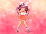  1girl 3d ahoge animal_ears animated animated_gif bed blush bouncing_breasts breasts cleavage collarbone dark_skin di_gi_charat glasses hair_ornament heart large_breasts myuranran open_mouth petite pillow pink purple_hair red_eyes ribbon seismic skirt solo twintails usada_hikaru 