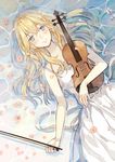  blonde_hair blue_eyes dress flower instrument long_hair lying miyazono_kawori on_back petals seuga shigatsu_wa_kimi_no_uso smile solo violin water 