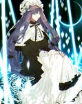  alternate_costume aqua_eyes black_dress capelet commentary crescent crescent_hair_ornament dress hair_ornament hair_ribbon hat highres juliet_sleeves layered_dress long_hair long_sleeves looking_at_viewer magic_circle mob_cap patchouli_knowledge puffy_sleeves purple_hair ribbon sitting solo tian_(my_dear) touhou tress_ribbon very_long_hair white_dress 