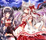  animal_ears black_hair bow bow_(weapon) cherry_blossoms fox_ears fox_tail frilled_sleeves frills hair_bow hair_ribbon implied_yuri japanese_clothes kimono kuromu-san_(nogi_takayoshi) lolita_fashion maid_headdress mashiro-chan_(nogi_takayoshi) miko multiple_girls nogi_takayoshi nontraditional_miko original panties pantyshot petals purple_eyes red_bow red_eyes ribbon ribbon-trimmed_sleeves ribbon_trim short_kimono silver_hair smile tail underwear wa_lolita wa_maid weapon wide_sleeves 