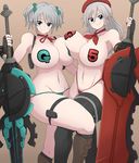  alisa_ilinichina_amiella aqua_eyes bikini_bottom blue_eyes breast_press breasts brown_background ciel_alencon god_eater god_eater_2:_rage_burst groin huge_breasts huge_weapon long_hair looking_at_viewer multiple_girls nash_(na-si) pasties short_hair silver_hair simple_background smile sword thighhighs thighs twintails weapon 
