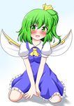  :d arm_support ascot blush breasts daiyousei dress fairy_wings green_eyes green_hair highres leaning_forward looking_at_viewer medium_breasts open_mouth puffy_short_sleeves puffy_sleeves short_sleeves side_ponytail sitting smile solo touhou v_arms wariza wings yakumo_nanahara 