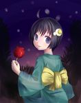  araragi_tsukihi black_hair candy_apple food fried_egg from_behind hair_ornament japanese_clothes joeychen kimono monogatari_(series) nisemonogatari short_hair solo 