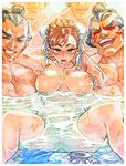  1girl 4boys blush breasts brown_hair bun_cover chun-li double_bun edmond_honda green_eyes large_breasts looking_at_viewer mimonel mixed_bathing multiple_boys nipples open_mouth street_fighter water 