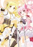  :d blonde_hair bow drill_hair fingerless_gloves gloves gun hair_bow hair_ornament hair_ribbon kaname_madoka long_hair looking_at_viewer magical_girl mahou_shoujo_madoka_magica multiple_girls nichika_(nitikapo) open_mouth pink_eyes pink_hair ribbon rifle short_hair smile tomoe_mami twin_drills twintails weapon yellow_eyes 