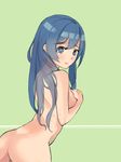  ass bad_id bad_pixiv_id blue_eyes blue_hair breasts green_background long_hair looking_at_viewer love_live! love_live!_school_idol_project mebin medium_breasts nude solo sonoda_umi 