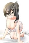  :o all_fours bad_id bad_pixiv_id bespectacled breasts brown_eyes brown_hair camisole cleavage downblouse glasses hanging_breasts kaga_(kantai_collection) kantai_collection large_breasts looking_at_viewer nekobaka open_mouth short_hair side_ponytail simple_background sketch solo tsurime white_background 