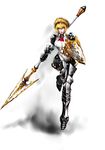  aegis_(persona) android blonde_hair blue_eyes bow final_fantasy final_fantasy_xiv highres leg_armor persona polearm ribbon robot_joints shield short_hair solo weapon yuu_(primenumber7) 