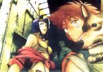  2girls beard blush_stickers breasts child cigarette cowboy_bebop dog edward_wong_hau_pepelu_tivrusky_iv ein_(cowboy_bebop) facial_hair faye_valentine hairband highres jet_black kawamoto_toshihiro multiple_girls official_art orange_hair purple_hair scar scar_across_eye spike_spiegel welsh_corgi yellow_hairband 