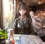  american_flag artist_name bangs brown_hair buttons car cardigan ceiling_fan chair ckuxhunter green_eyes ground_vehicle highres idolmaster idolmaster_cinderella_girls indoors jewelry ketchup long_hair looking_at_viewer menu motor_vehicle necklace necktie plant pov_across_table restaurant shibuya_rin sitting smile solo_focus striped striped_neckwear table traffic_cone window 