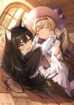  2girls @_@ animal_ears bag black_capelet black_hair blonde_hair bloom blush breasts capelet cat_ears cat_girl ceiling cheek_pinching closed_eyes commentary company_name copyright_notice english_text frilled_hairband frills gloves hairband hands_on_another&#039;s_cheeks hands_on_another&#039;s_face hat heart highres imminent_hug imminent_kiss indoors little_witch_nobeta long_hair multiple_girls nervous_sweating nobeta official_art on_floor phyllis_(human)_(little_witch_nobeta) phyllis_(little_witch_nobeta) pinching pink_hairband puckered_lips ryota_(ry_o_ta) shoulder_bag small_breasts speech_bubble spoken_heart sunlight sweat textless_version v-shaped_eyebrows white_gloves window witch_hat wooden_floor yellow_eyes yuri 