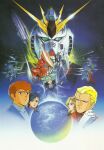  2boys 3girls age_difference amuro_ray aqua_hair artist_request battle beam_saber blonde_hair brown_hair chan_agi char&#039;s_counterattack char_aznable character_request cloud duel earth_(planet) earth_federation earth_federation_space_forces fleet geara_doga glint gloves glowing glowing_eye gundam hathaway_noa highres jegan mecha military military_uniform mobile_suit multiple_boys multiple_girls neo_zeon nu_gundam ocean official_art planet poster_(medium) promotional_art quess_paraya robot sad sazabi scan science_fiction serious shield space uniform upper_body v-fin white_gloves 