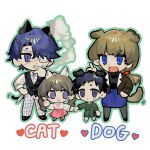  2boys 2girls :3 akasasachii animal_ears black_footwear black_hair black_sweater black_tail black_vest blonde_hair blue_eyes blue_hair bomber_jacket brown_hair brown_jacket brown_tail cat_boy cat_ears cat_girl cat_tail chibi chibi_only cigarette closed_mouth commentary daan_(fear_&amp;_hunger) dog_boy dog_ears dog_girl dog_tail dot_mouth english_text eyepatch fear_&amp;_hunger fear_&amp;_hunger_2:_termina green_jumpsuit green_outline hand_on_own_hip hand_up heart highres holding holding_cigarette holding_hands index_finger_raised jacket jumpsuit karin_(fear_&amp;_hunger) kemonomimi_mode levi_(fear_&amp;_hunger) long_hair long_sleeves looking_at_another marina_(fear_&amp;_hunger) medical_eyepatch multiple_boys multiple_girls neck_ribbon open_clothes open_jacket open_mouth outline pants pantyhose pink_ribbon pink_skirt plaid_clothes plaid_pants ponytail purple_eyes ribbon shirt shoes short_hair sideways_glance simple_background skirt smoking standing sweater symbol-only_commentary tail twintails vest white_background white_footwear white_shirt white_tail 